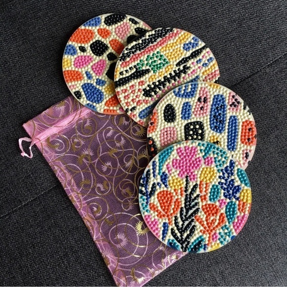 Hand Crafted Other - Diamond Art Set/4 Abstract, Colorful Coasters + Organza Gift Bag (PINKS)